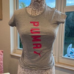 PUMA Women's Short Sleeve Tee in Gray with Pink Logo
